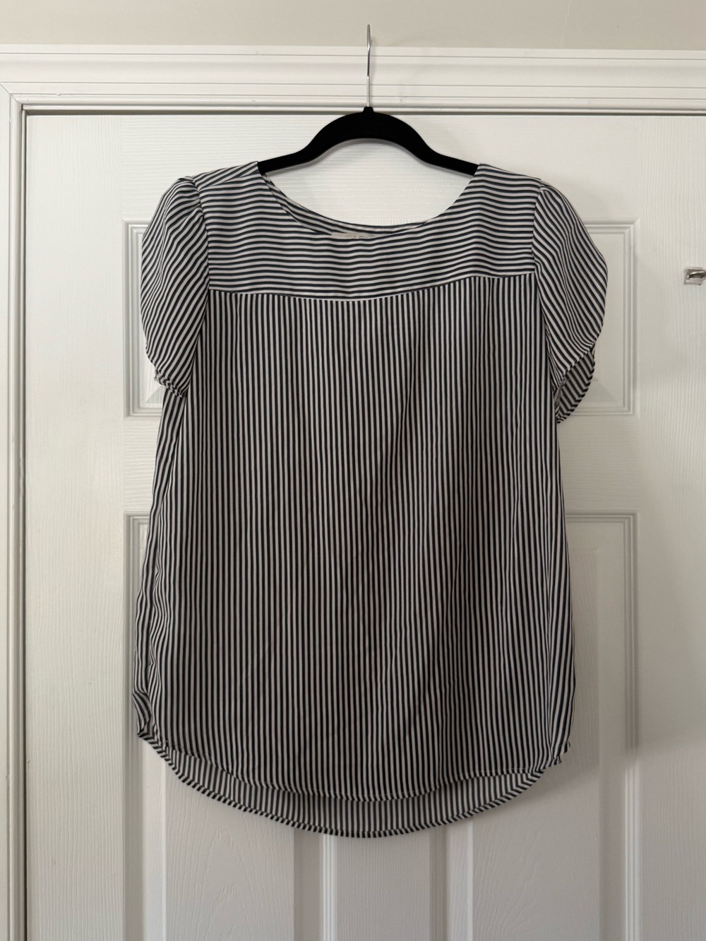 LOFT Navy Blue and White Striped Short Sleeve Blouse